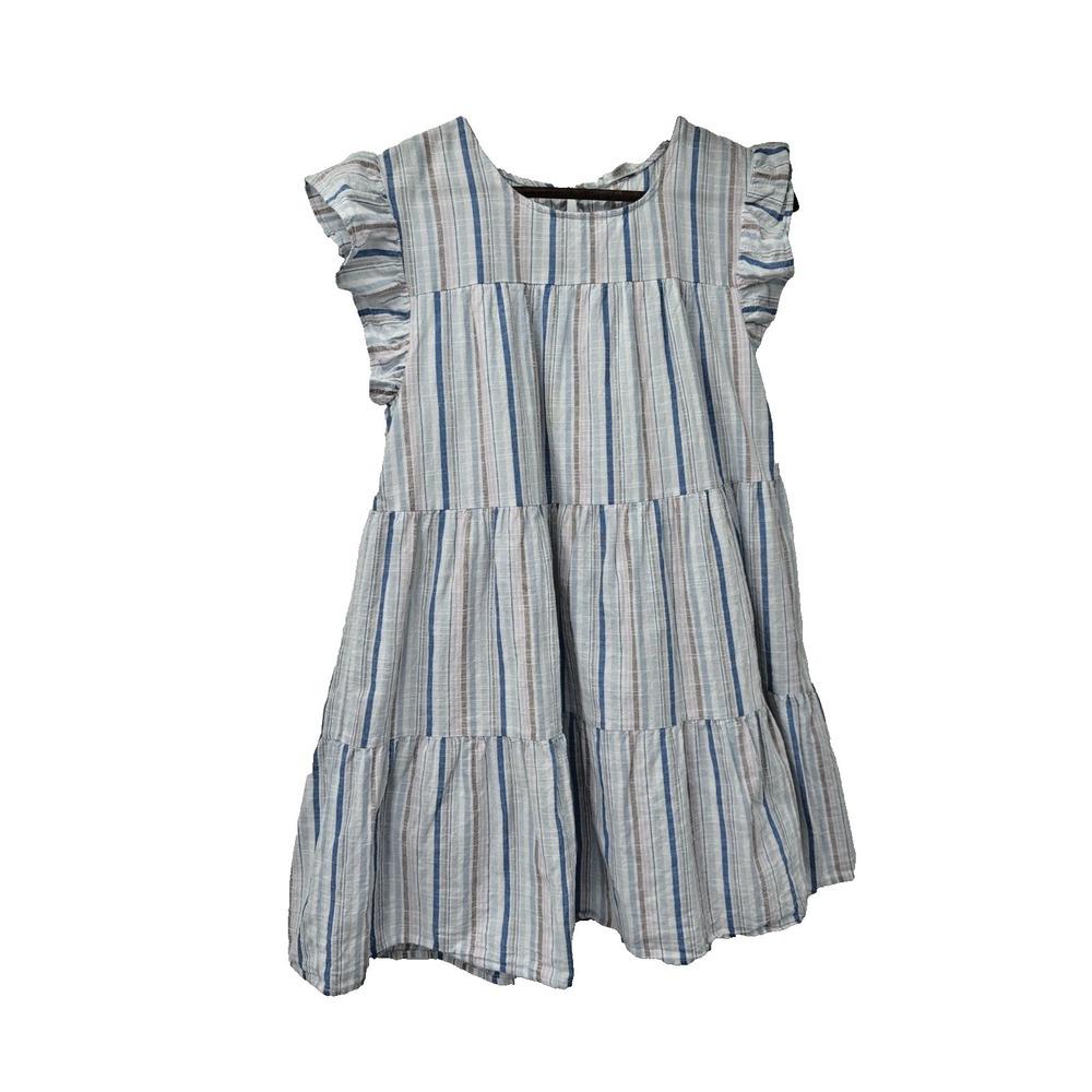 Linen Striped Ruffle dress cottagecore M tiered coquette beachy vacation‎ blue
